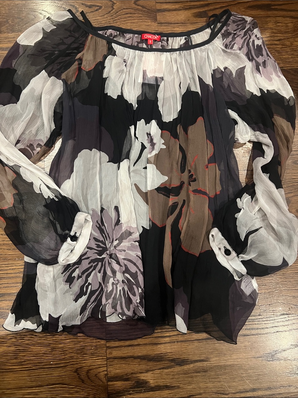 Chaco Black White Brown Floral Sheer Blouse